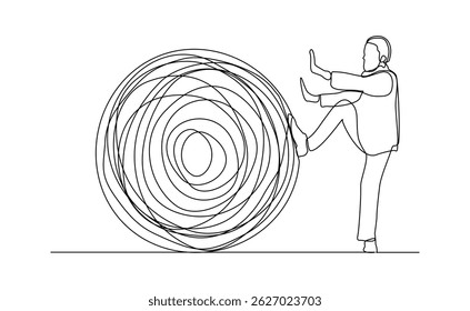 continuous line drawing of business man push stone rock obstacle sketch editable stroke vector illustration