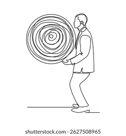 continuous line drawing of business man carry stone rock obstacle burden load expenses sketch editable stroke vector illustration