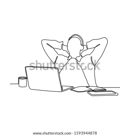continuous line drawing of business man with laptop and note in workplace vector illustration