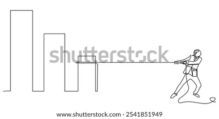 continuous line drawing of business man pulling business graph.one line drawing of challenge of office worker.single line vector illustration of increasing profits.isolated white background