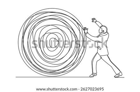 continuous line drawing of business man push stone rock obstacle sketch editable stroke vector illustration