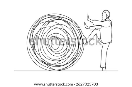 continuous line drawing of business man push stone rock obstacle sketch editable stroke vector illustration