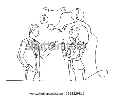 Continuous line drawing of business man and woman arguing, workplace conflict and misunderstanding concept.