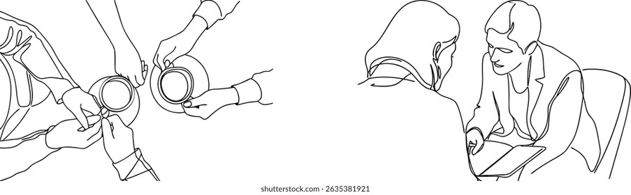 Continuous line drawing of business meeting and coffee break with people discussing ideas