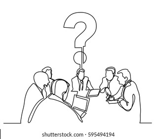 continuous line drawing of business meeting with a questions