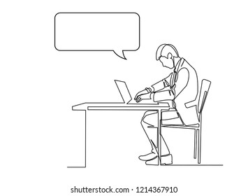 Continuous line, drawing of Business men working in modern computer technology.
with dialog speech bubbles