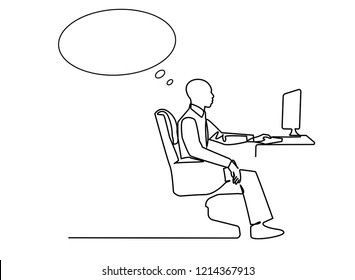 Continuous line, drawing of Business men working in modern computer technology.
with dialog speech bubbles