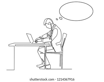 Continuous line, drawing of Business men working in modern computer technology.
with dialog speech bubbles