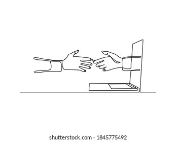 Continuous line drawing of business men shaking hand to deal digital transaction. One line drawing graphic design. vector illustration