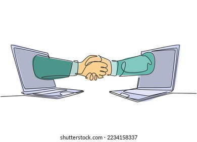 Continuous line drawing of business men shaking hand to deal a project. Hand come out from laptop screen. Digital online transaction concept. One line drawing graphic design, vector illustration