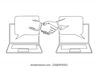 Continuous line drawing of business men shaking hand to deal digital transaction in speech bubbles on screen laptop. One line drawing graphic design. vector illustration