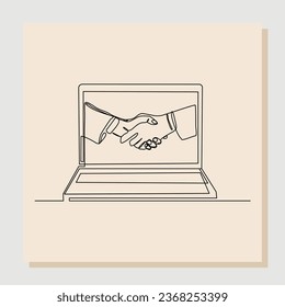 Continuous line drawing of business men shaking hand to deal digital transaction. One line drawing graphic design. vector illustration