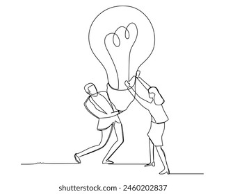 Línea continua de hombres y mujeres de negocios juntos sosteniendo lámparas. Concepto de crecimiento empresarial. Ilustración vectorial de diseño
