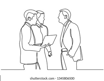 continuous line drawing of business partners discussing documents and ideas at meeting.Three businessman using notebook computer for analyse and improve their business.