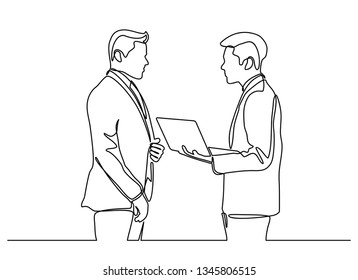 continuous line drawing of business partners discussing documents and ideas at meeting.Two businessman using notebook computer for analyse and improve their business.