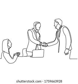 Continuous line drawing of business partners shake hands and deal to accept new projects. Businessmen making handshake for merger and acquisition concept isolated on white background