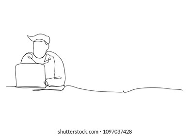 continuous line drawing of business people using computer working office vector illustration