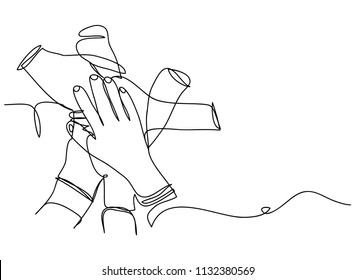 continuous line drawing of business people teamwork stacking hand together concept vector illustration