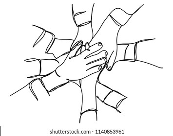 continuous line drawing of business people teamwork stacking hand together concept vector illustration