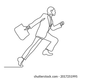 continuous line drawing of business people running to work late in a hurry fast vector illustration simple hand drawn design concept.