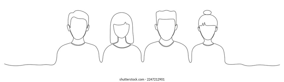 Continuous line drawing business people. Men and women in line art style. Business team contour drawn. Vector illustration isolated on white.