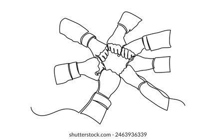 Continuous line drawing of business people Top view of people
unites their hands together. business people teamwork hand together Business cooperation and Joining People Community concept.
