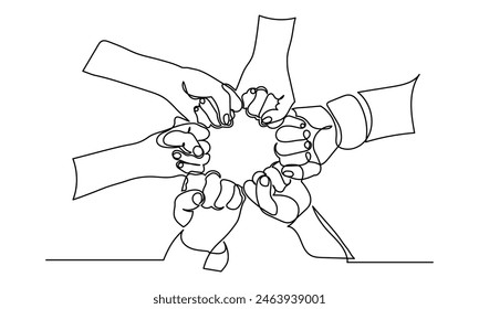 Continuous line drawing of business people down view of people
unites their hands together. business people teamwork hand together Business cooperation and Joining People Community concept.
