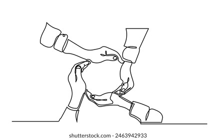 Continuous line drawing of business people puts palms together making a circle shape. Business people teamwork hand together Business cooperation and Joining People Community concept.