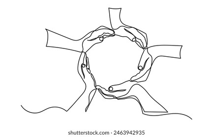 Continuous line drawing of business people puts palms together making a circle shape. Business people teamwork hand together Business cooperation and Joining People Community concept.