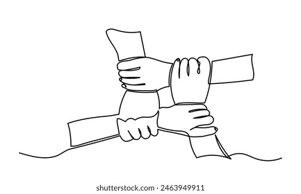 Continuous line drawing of business people hands holding each other wrists in a circle.Business people teamwork hand together Business cooperation and Joining People Community concept.