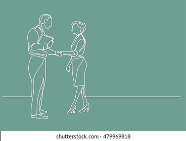 continuous line drawing of business people meeting handshake