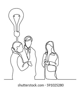 continuous line drawing of business people talking about idea