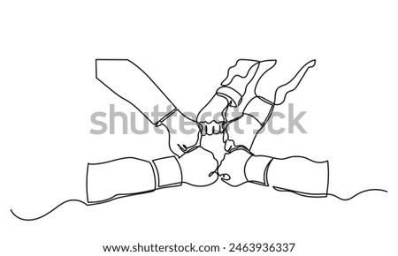 Continuous line drawing of business people Top view of people
unites their hands together. business people teamwork hand together Business cooperation and Joining People Community concept.
