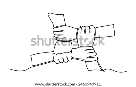 Continuous line drawing of business people hands holding each other wrists in a circle.Business people teamwork hand together Business cooperation and Joining People Community concept.