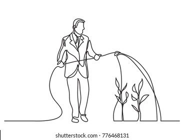 continuous line drawing of business person - watering plants of financial growth