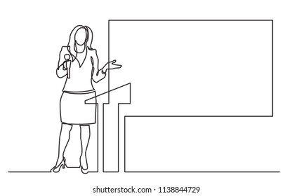 continuous line drawing of business presentation - business coach standing behind podium and screen