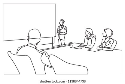 continuous line drawing of business presentation with team in meeting room