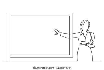 Continuous Line Drawing Of Business Presentation - Business Woman Trainer Pointing At Screen
