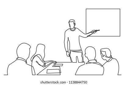 continuous line drawing of business presentation during team meeting at screen