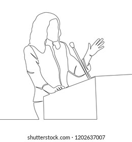 continuous line drawing business presentation woman trainer talking one single line drawn character politics speaker, business coach speaking before audience Political meeting speech