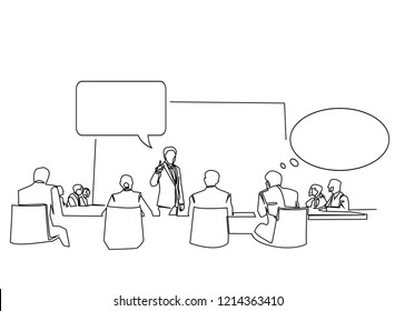 continuous line drawing of business presentation during team meeting working concept vector illustration.
with dialog speech bubbles
