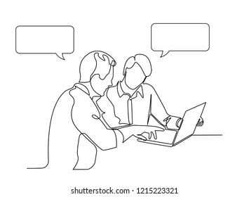 continuous line drawing of business presentation during team meeting working concept vector illustration.
with dialog speech bubbles
