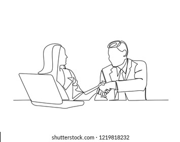 dibujo de línea continua de la presentación de negocios durante la reunión de equipo de la ilustración vectorial concepto de trabajo.
con burbujas de diálogo