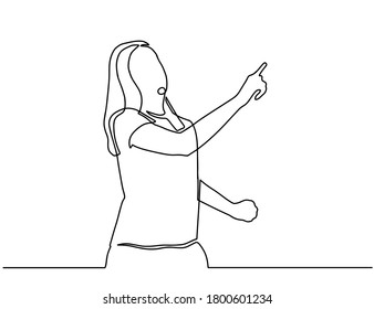 dibujo de línea continua de presentación de negocios de la mujer entrenadora apuntando. Una mujer de línea continua apunta al espacio de copias. Ilustración de material vectorial.