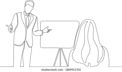 continuous line drawing of business presentation during team meeting