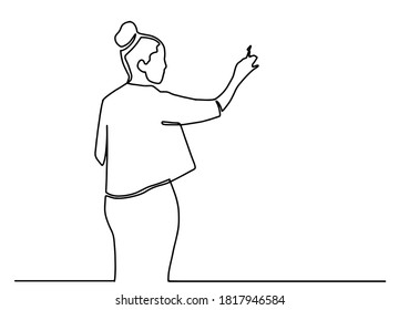 continuous line drawing of business presentation business woman trainer pointing. Continuous one line woman points to the copyspace. Vector stock illustration.