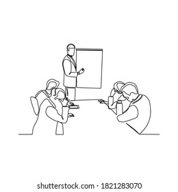 continuous line drawing of business presentation during team meeting