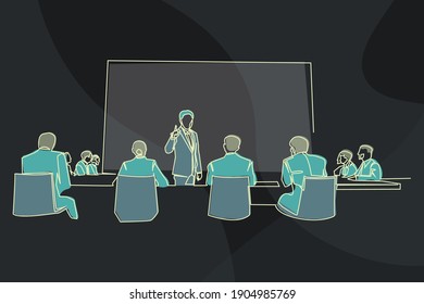 continuous line drawing of business presentation during team meeting working concept vector illustration.