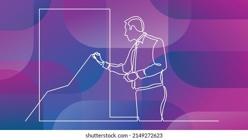 continuous line drawing of business presentation - businessman drawing increasing graph