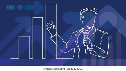 continuous line drawing of business presentation - business coach showing increasing chart
